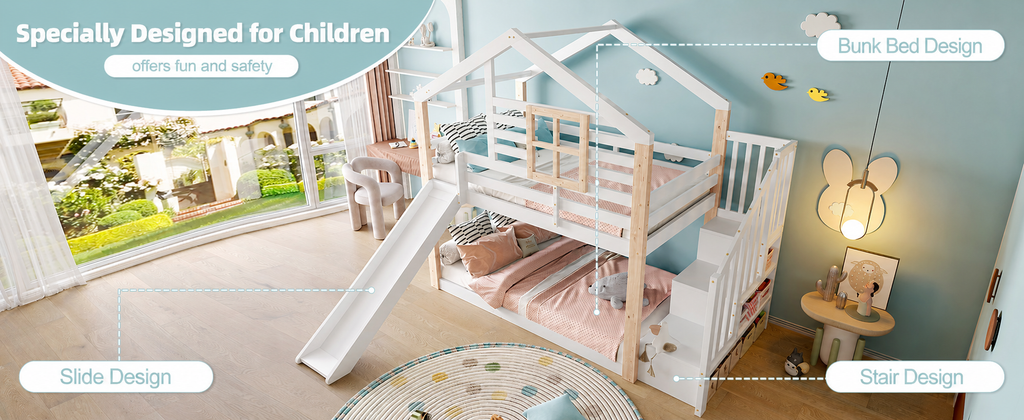 White Wooden Bunk Bed with Slide and Storage Stairs — detail 15