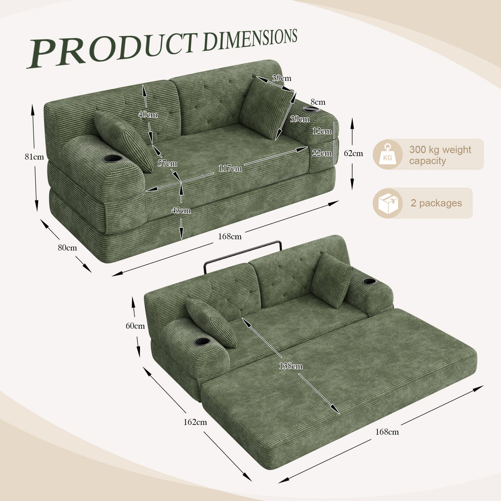 Green Corduroy 2-Seater Sofa Bed — detail 2