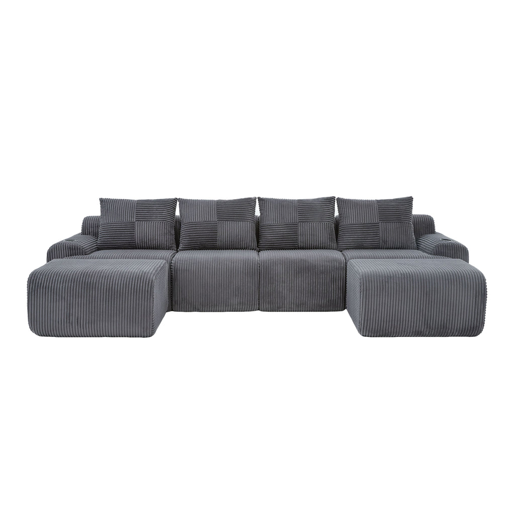 Dark Grey Corduroy 4-Seater Modular Sofa with Two Ottomans — detail 19