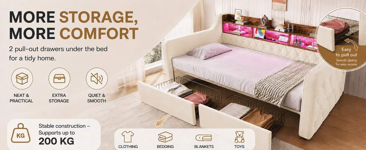 Beige Velvet Storage Bed Frame – 90 × 190 cm — detail 15