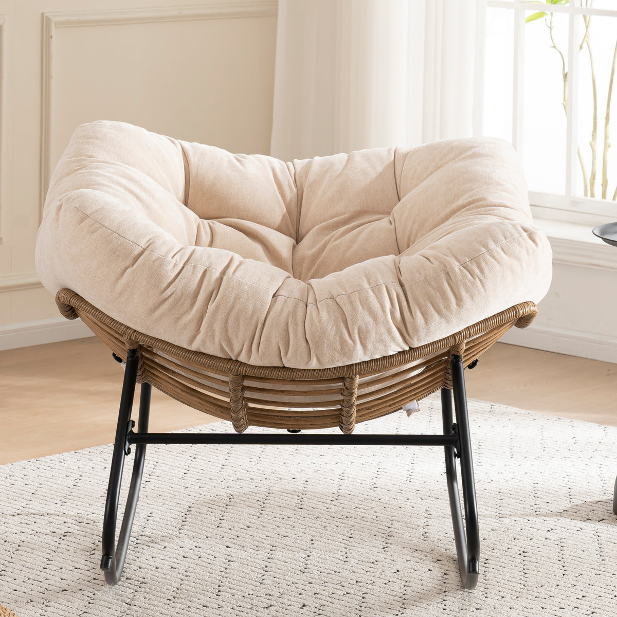 Beige Oversized Rattan Rocking Chair with Cushion — detail 9