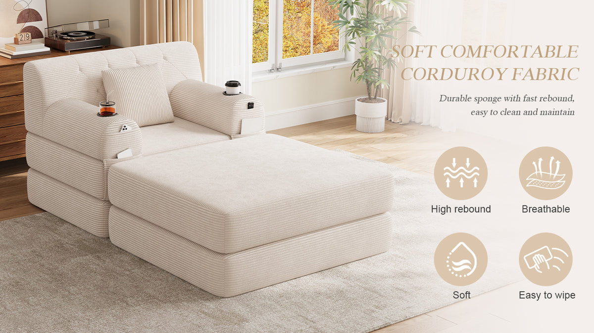 Beige Corduroy Sleeper Chair with Ottoman — detail 10