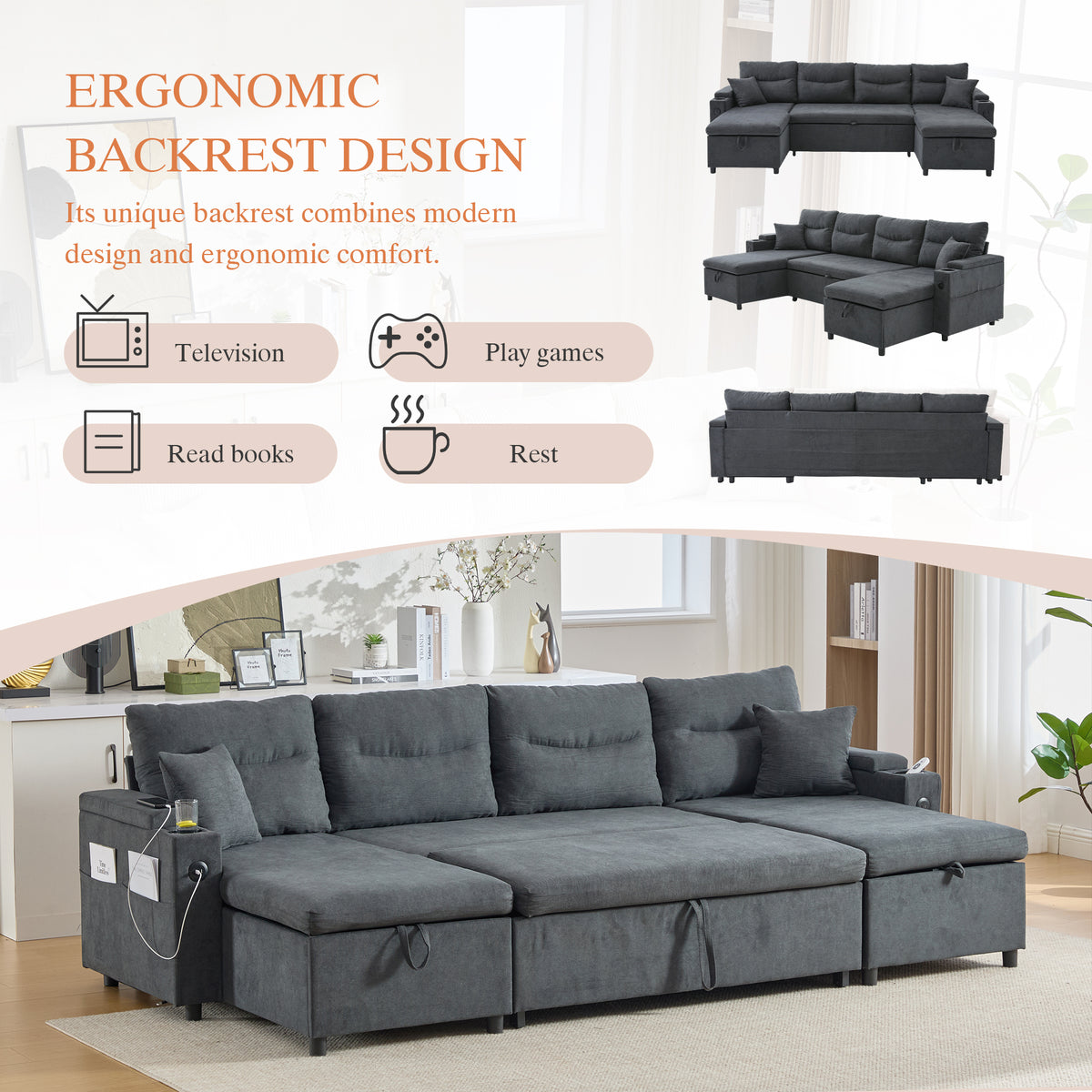 Dark Grey Oversized Chenille Chaise Lounge with Pillows — detail 9