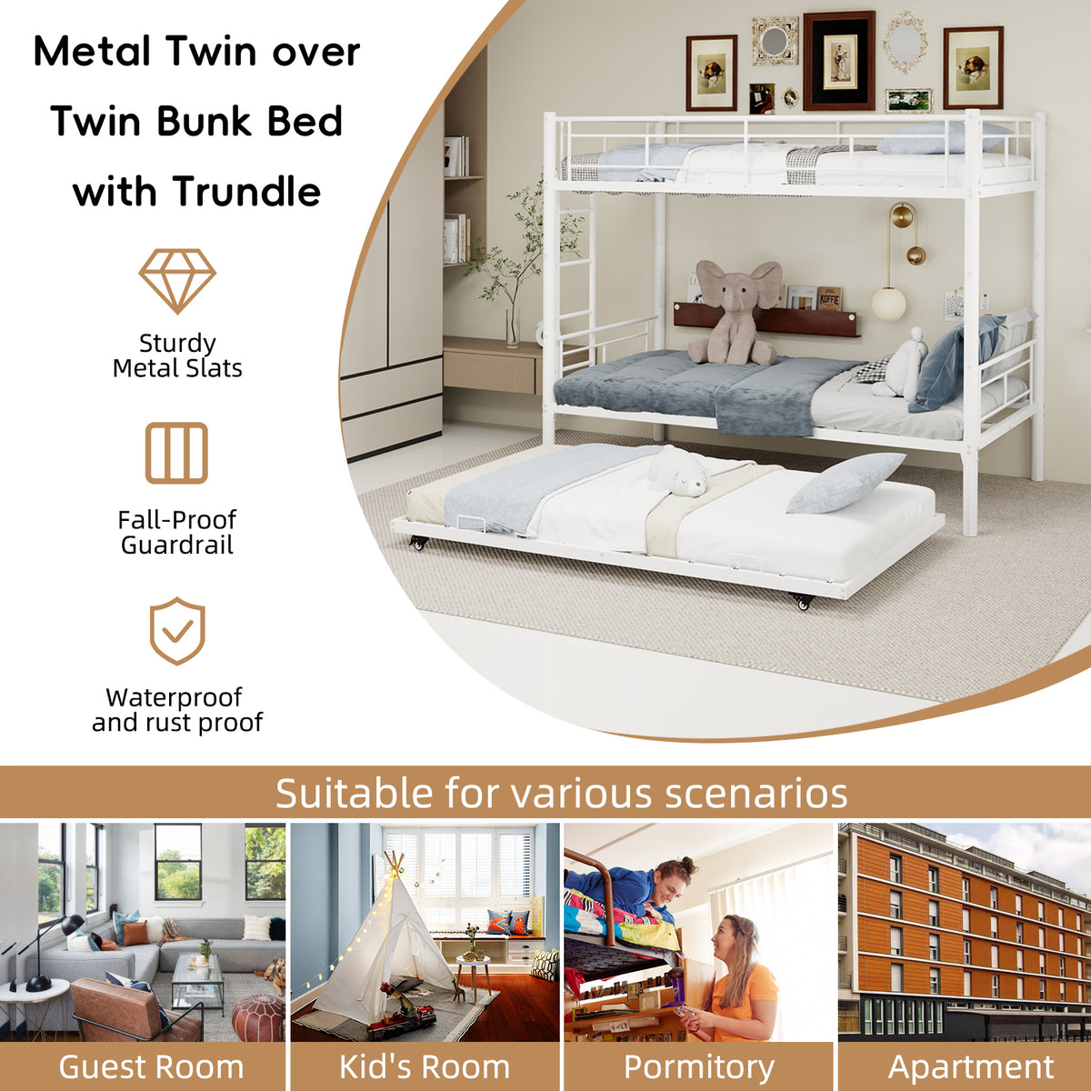 White Metal Bunk Bed with Pull-Out Trundle – 90 × 190 cm — detail 7