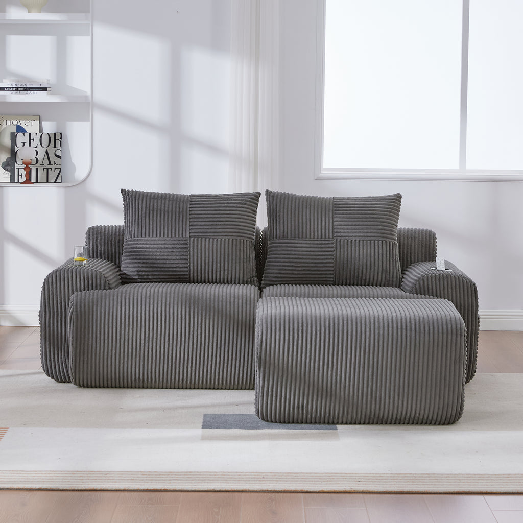 Dark Grey Corduroy 2-Seater Modular Sofa with Ottoman — detail 11