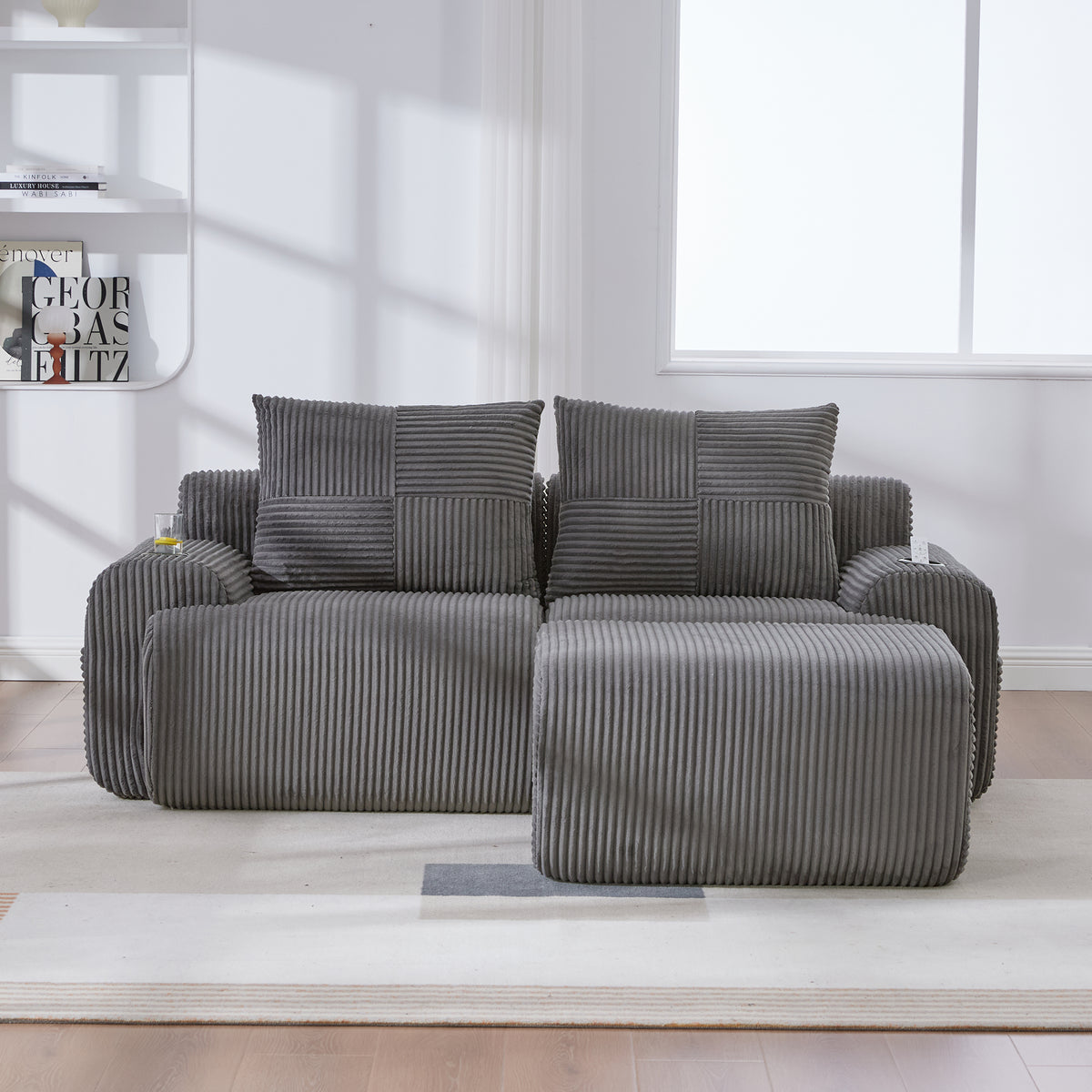 Dark Grey Corduroy 2-Seater Modular Sofa with Ottoman — detail 11
