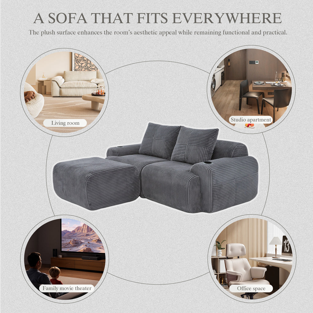 Dark Grey Corduroy 2-Seater Modular Sofa with Ottoman — detail 7