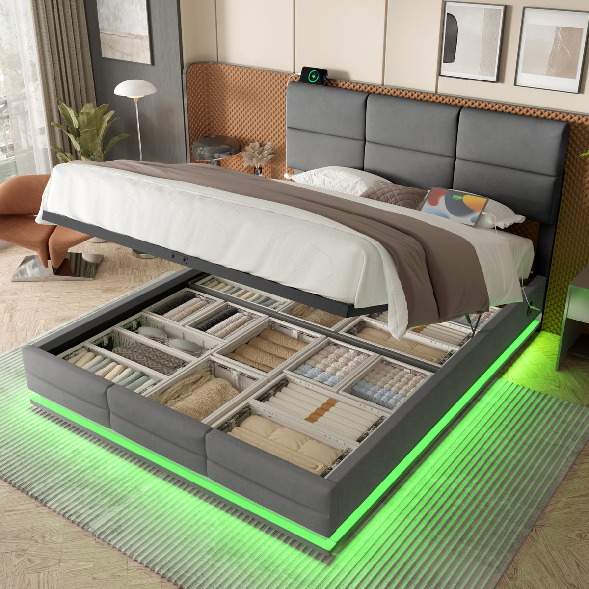 Grey Velvet Storage Bed Frame – 135 × 190 cm — product view