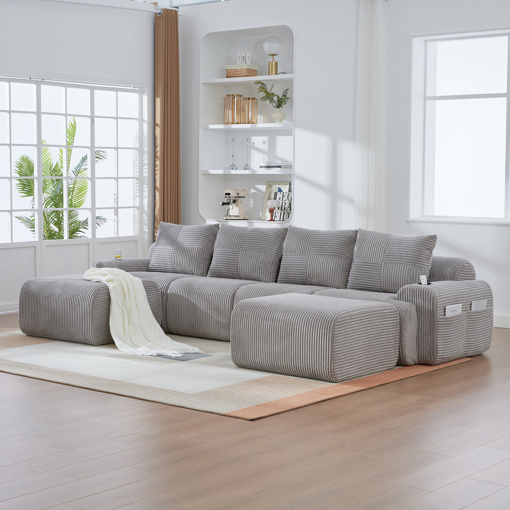 Light Grey Corduroy 4-Seater Modular Sofa with Two Ottomans — product view