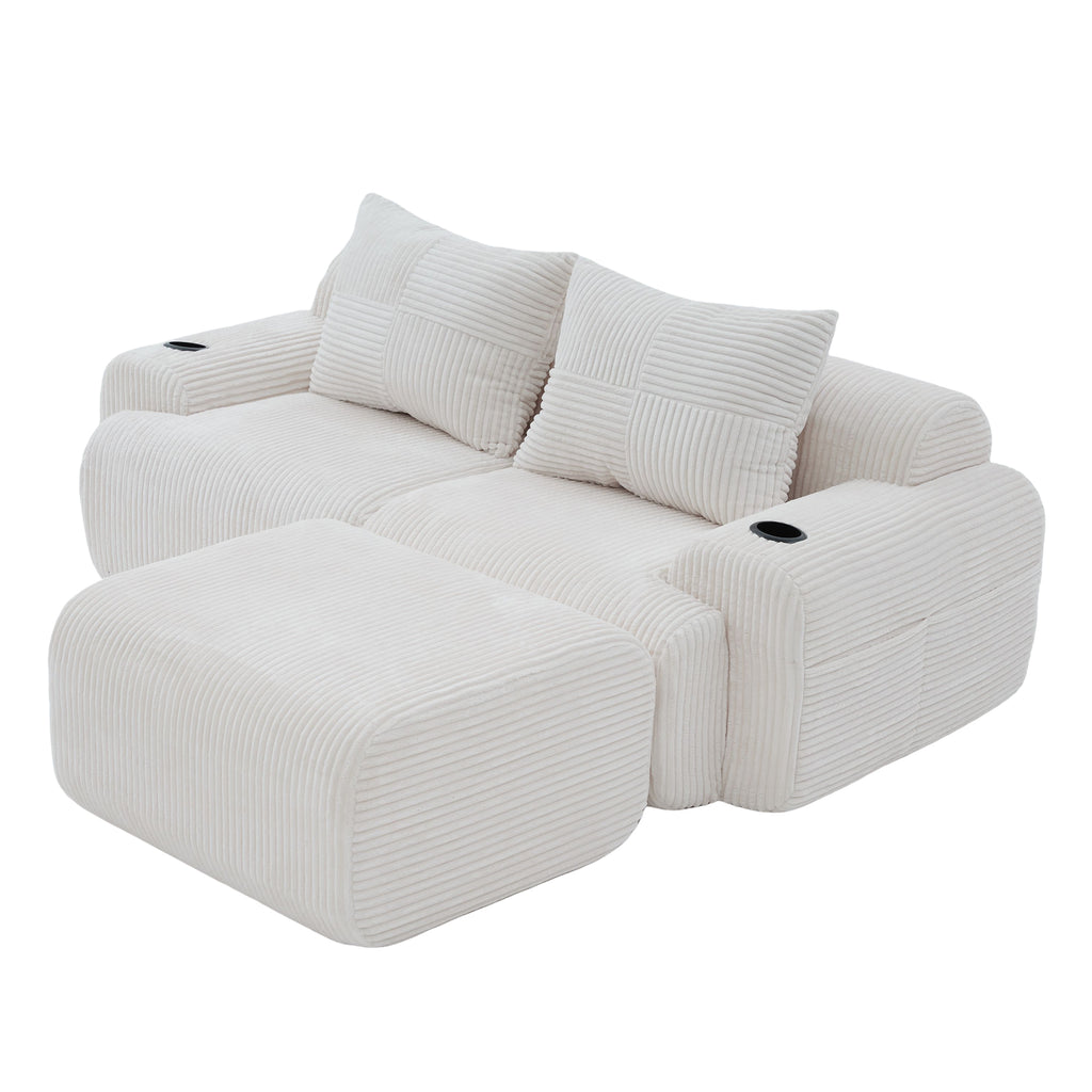 Beige Corduroy 2-Seater Modular Sofa with Ottoman — detail 20