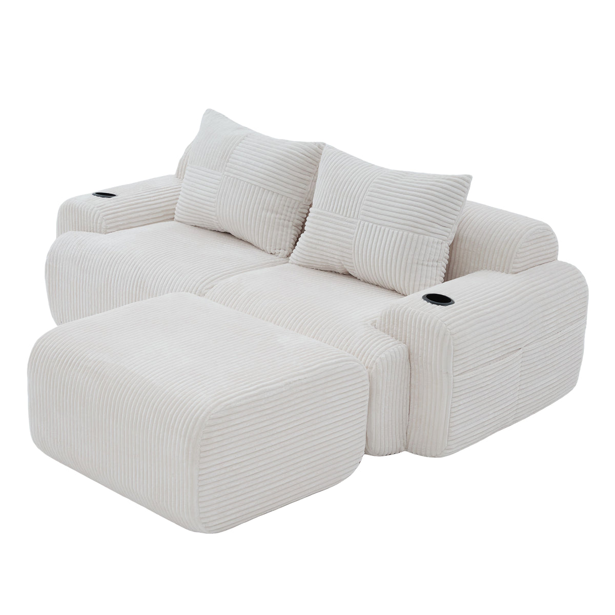 Beige Corduroy 2-Seater Modular Sofa with Ottoman — detail 20