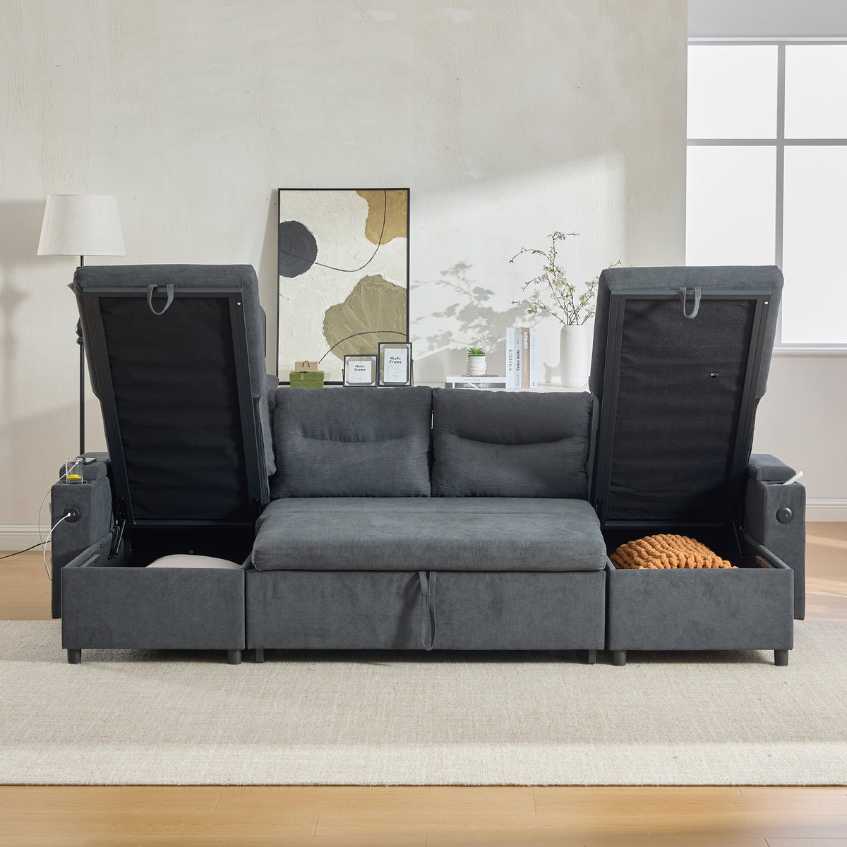 Dark Grey Oversized Chenille Chaise Lounge with Pillows — detail 12