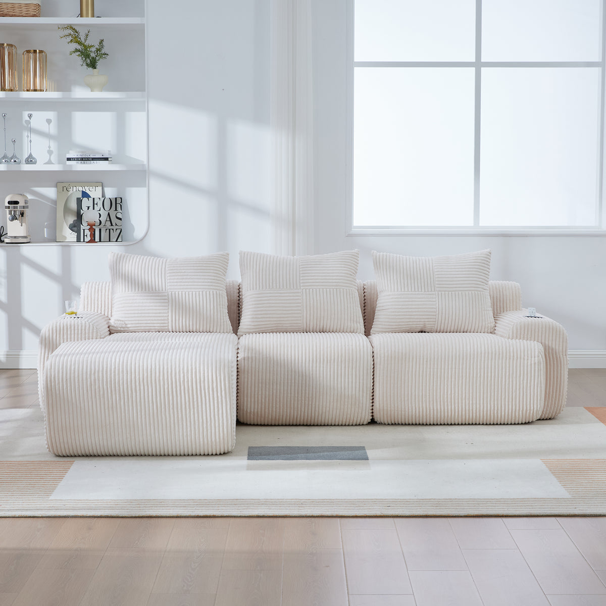 Beige Corduroy 3-Seater Modular Sofa with Ottoman — detail 12