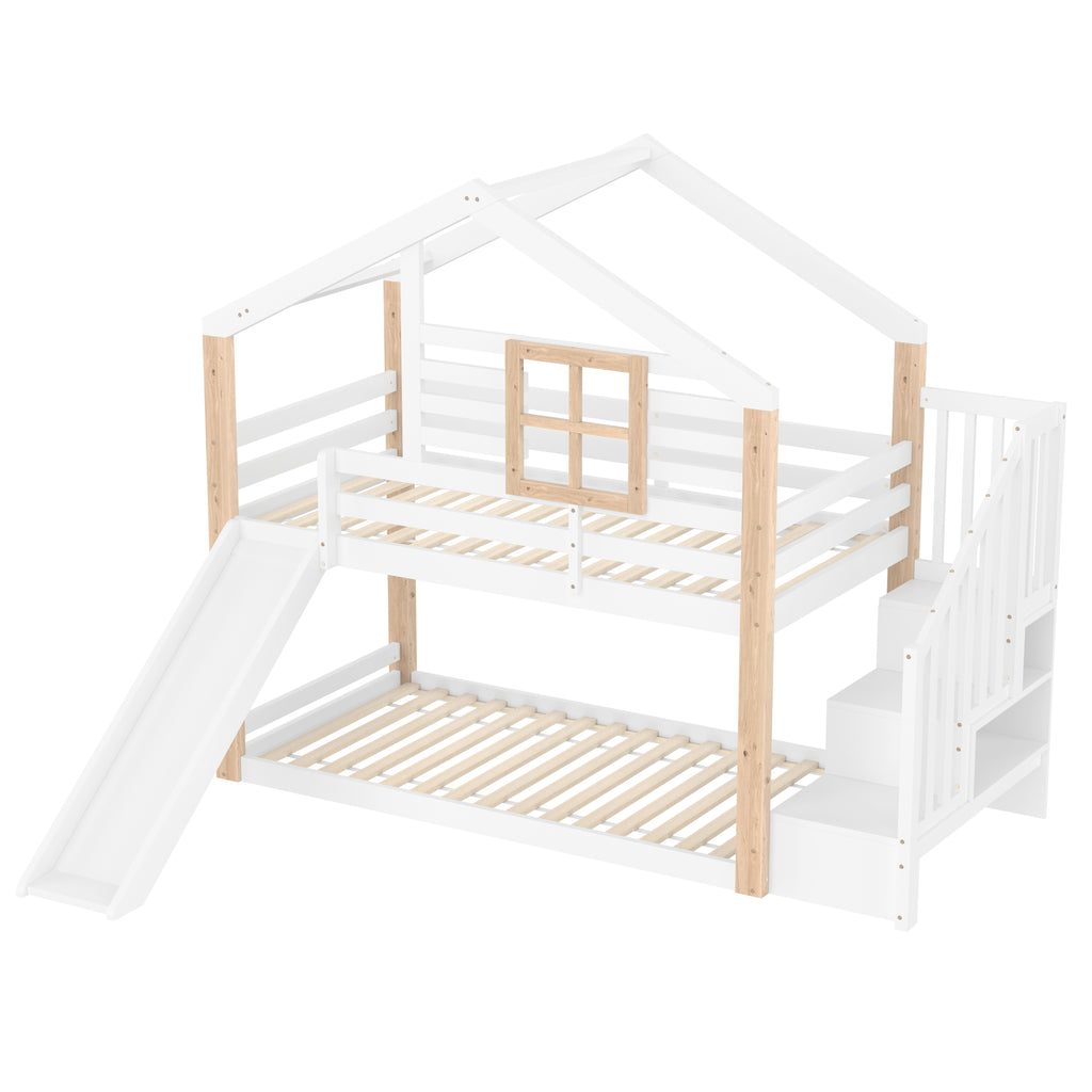 White Wooden Bunk Bed with Slide and Storage Stairs — detail 22