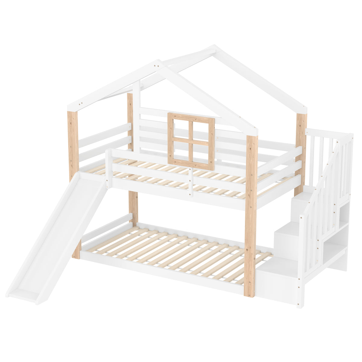 White Wooden Bunk Bed with Slide and Storage Stairs — detail 22