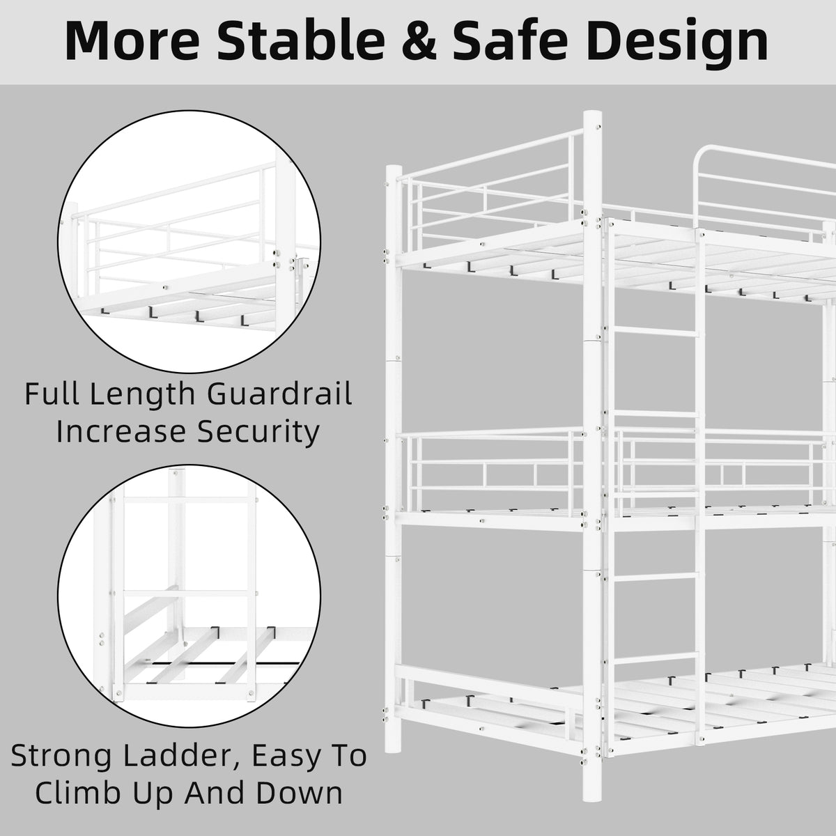 White Triple Metal Bunk Bed – 90 × 190 cm — detail 5