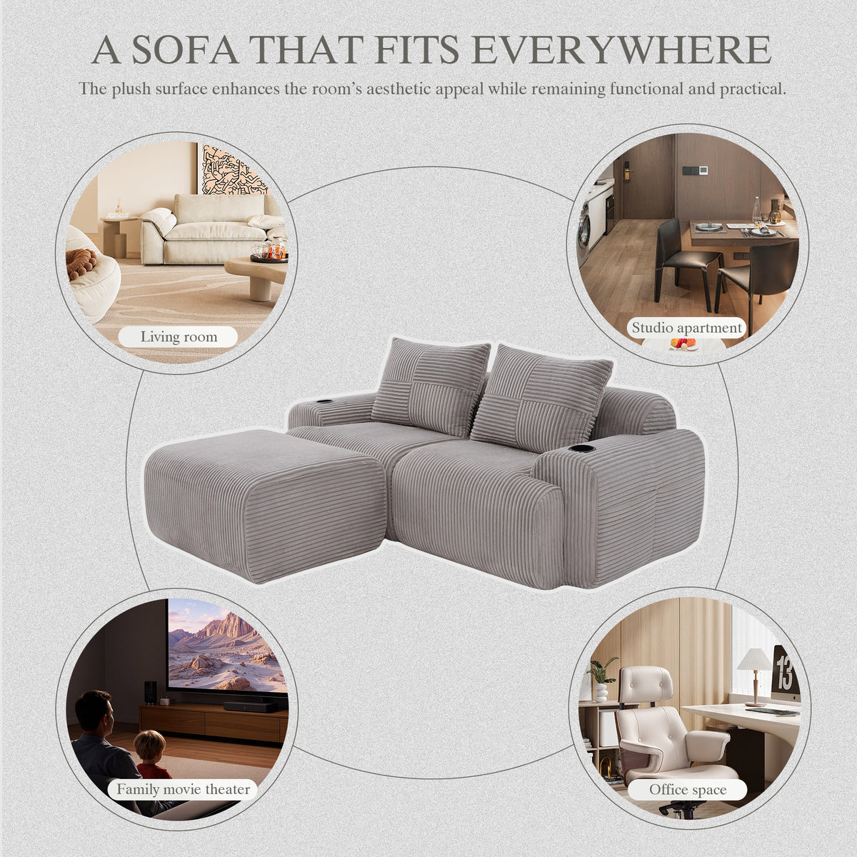 Light Grey Corduroy 2-Seater Modular Sofa with Ottoman — detail 7