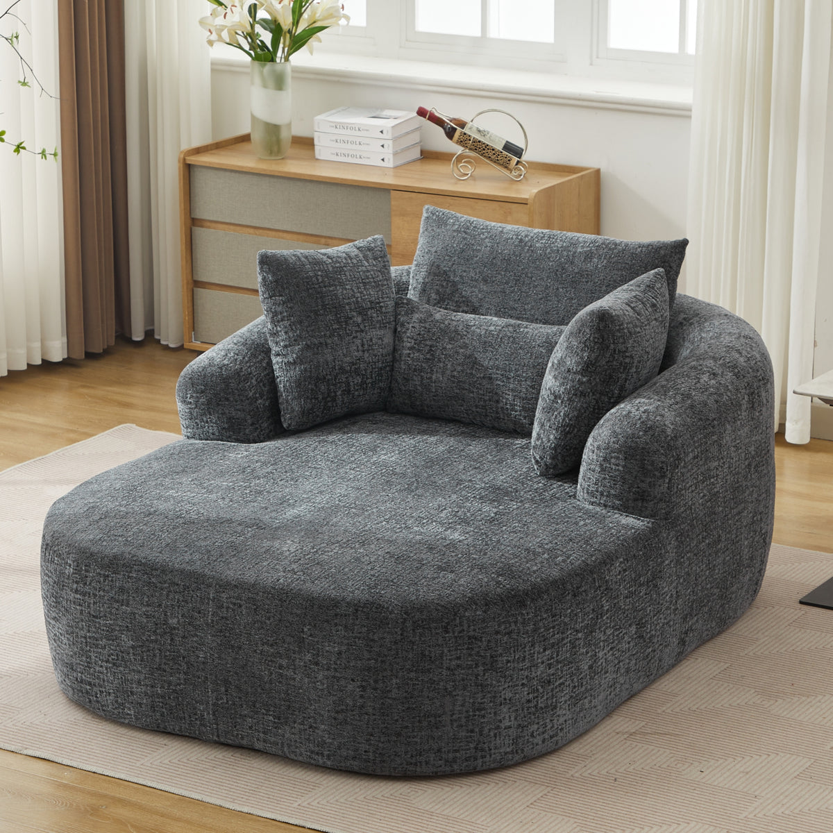 Grey Oversized Chenille Chaise Lounge with Pillows — detail 6