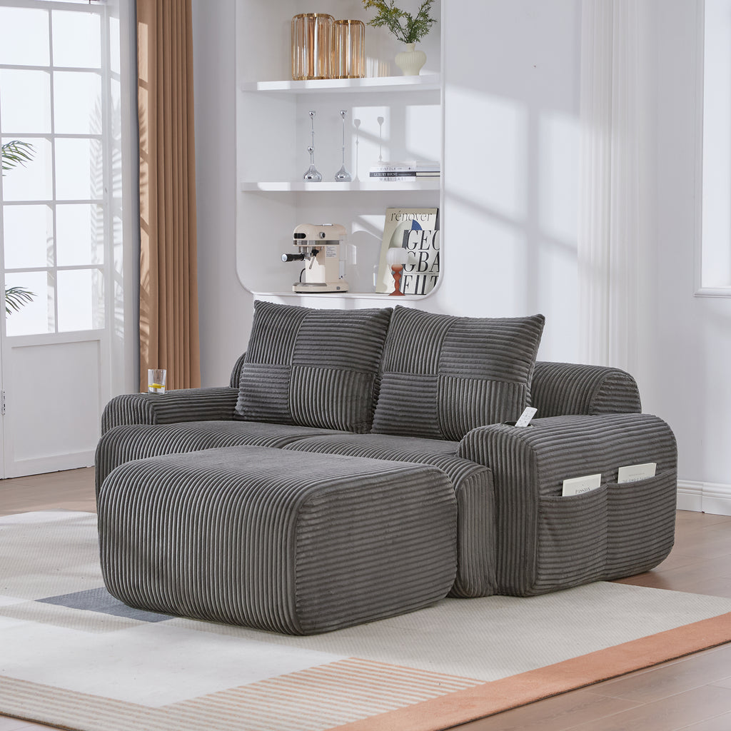 Dark Grey Corduroy 2-Seater Modular Sofa with Ottoman — detail 8