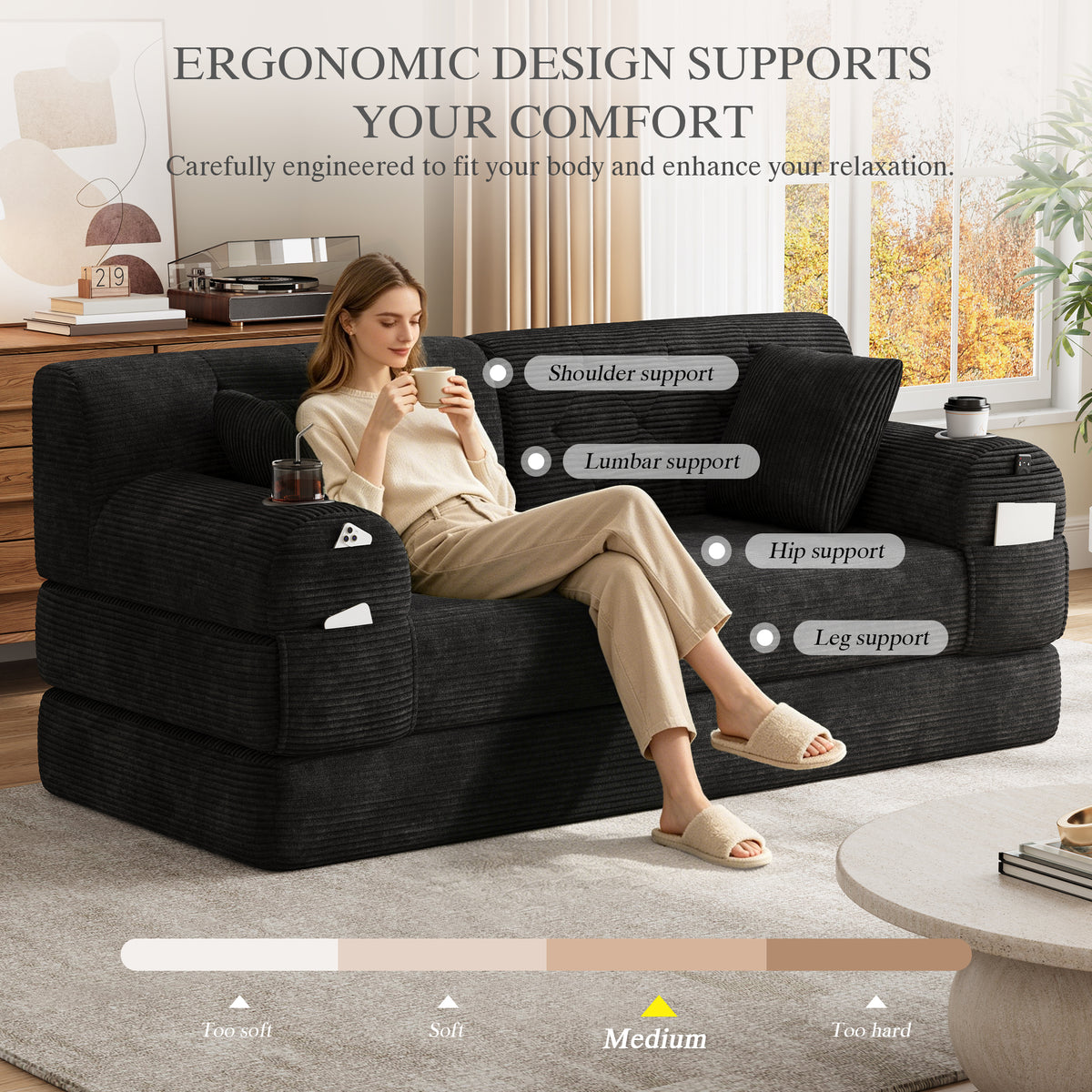 Black Corduroy 2-Seater Sofa Bed — detail 7