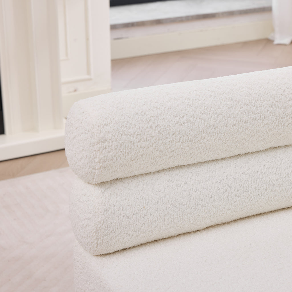 White Bouclé Upholstered Bench with Backrest — detail 2