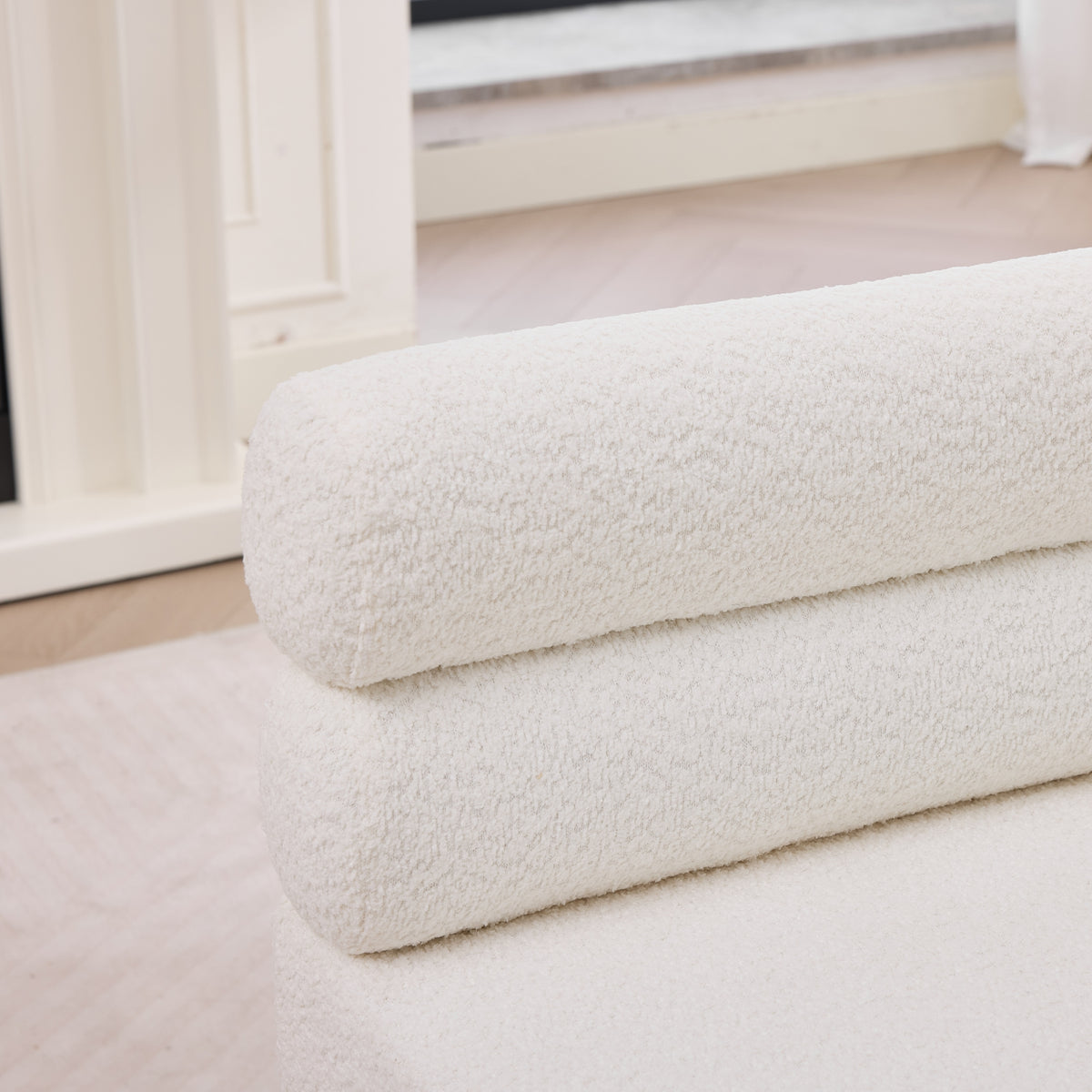 White Bouclé Upholstered Bench with Backrest — detail 2