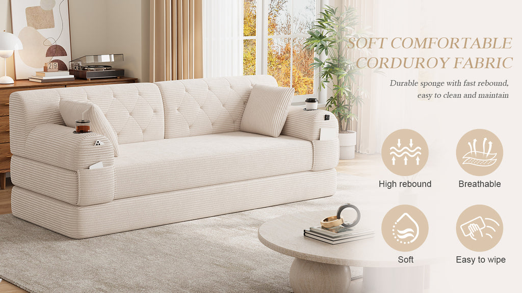 Beige Corduroy 3-Seater Sofa Bed — detail 21