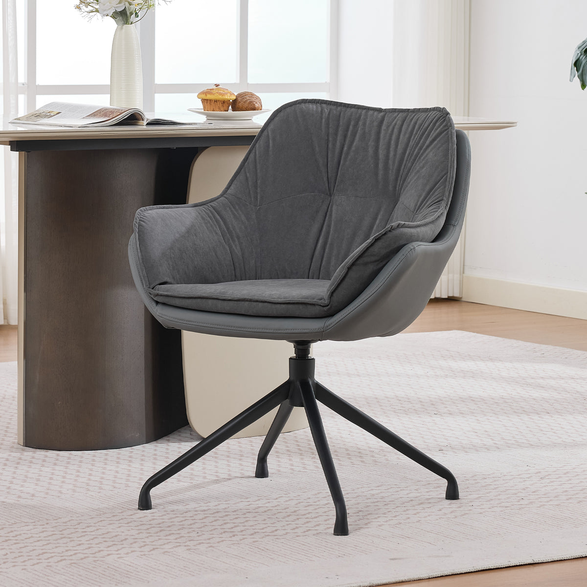 Grey Faux Leather Swivel Accent Chair with Auto-Return — product view