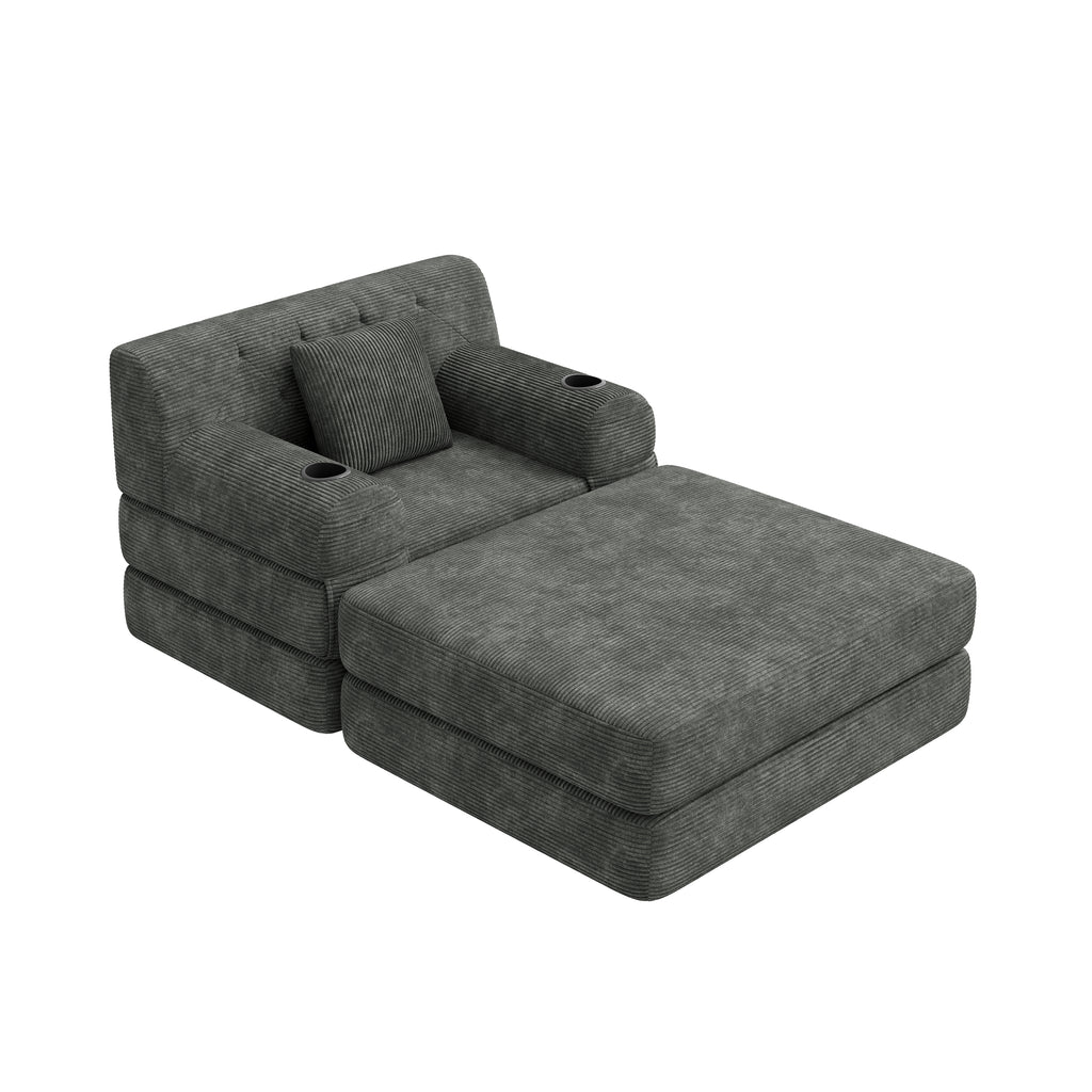 Dark Grey Corduroy Sleeper Chair with Ottoman — detail 10