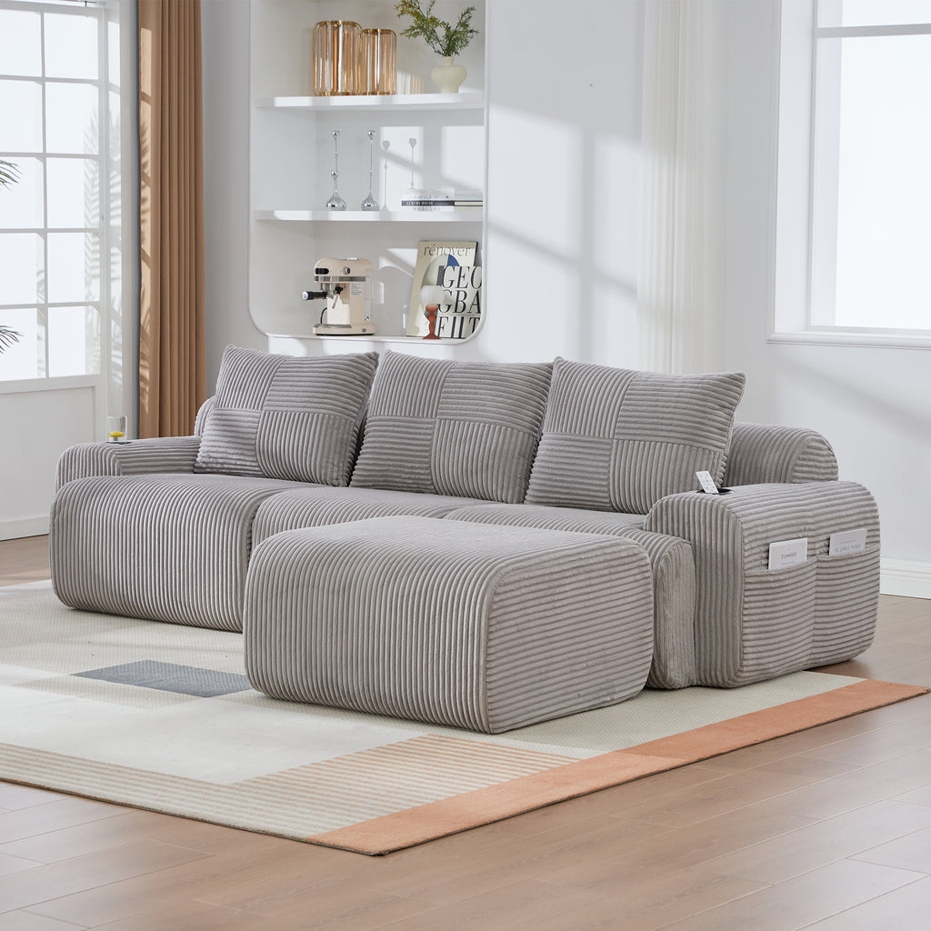Light Grey Corduroy 3-Seater Modular Sofa with Ottoman — detail 10