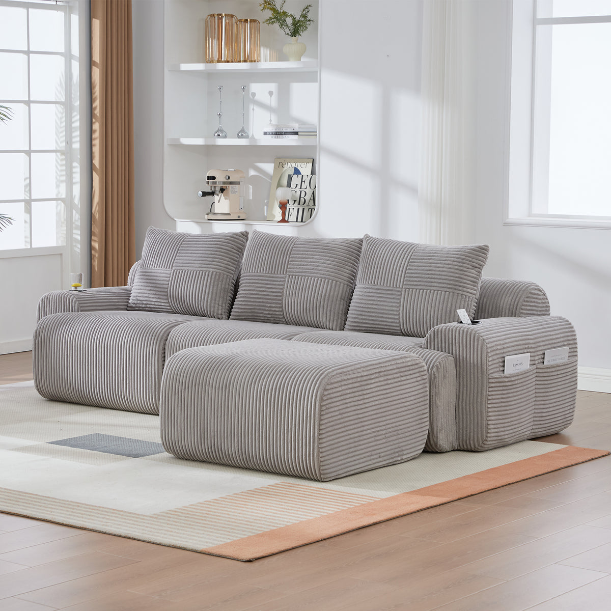 Light Grey Corduroy 3-Seater Modular Sofa with Ottoman — detail 10