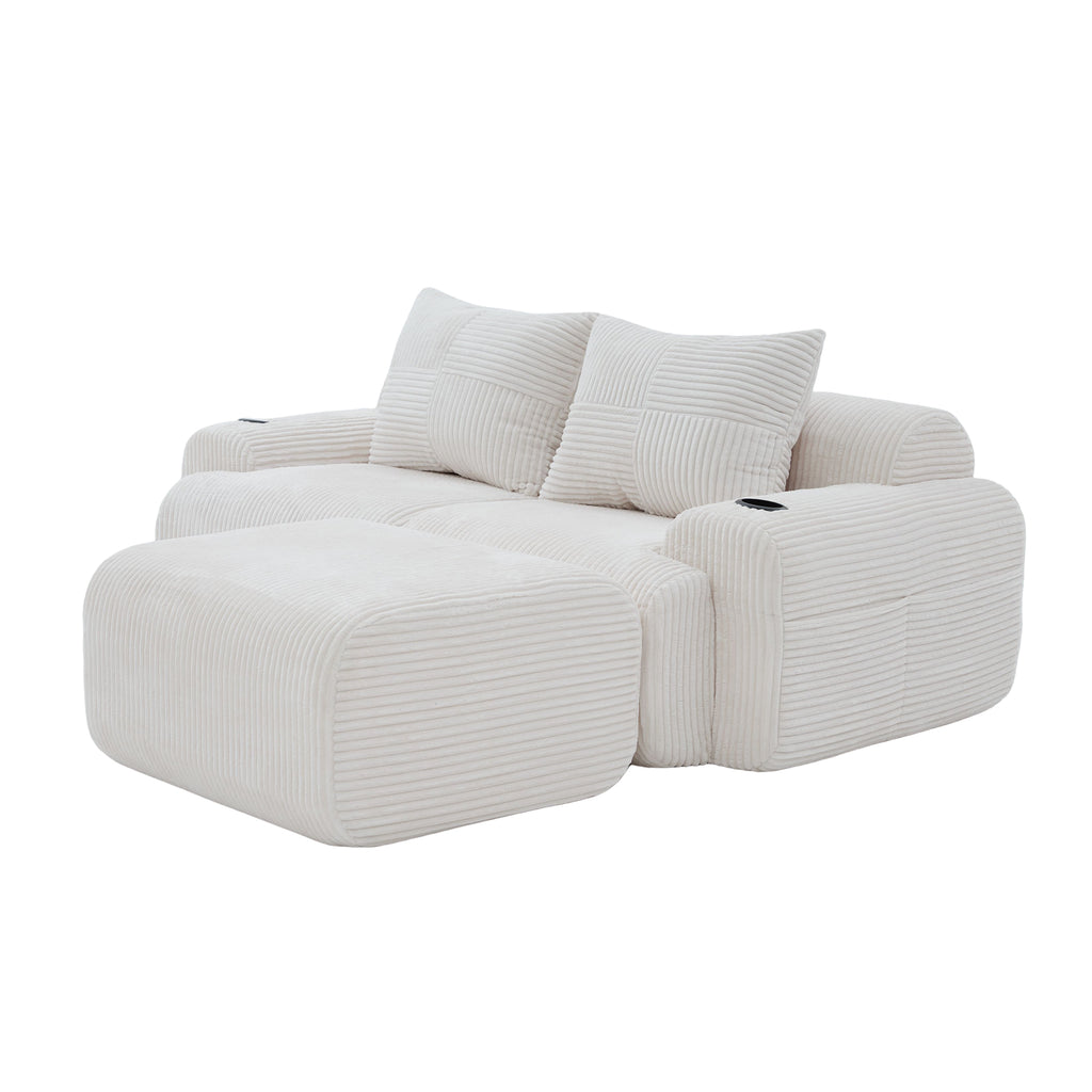 Beige Corduroy 2-Seater Modular Sofa with Ottoman — detail 19