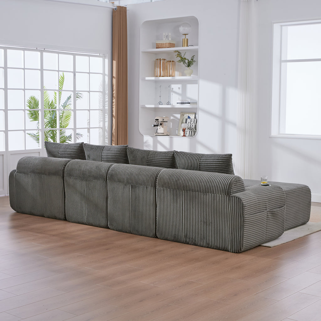 Dark Grey Corduroy 4-Seater Modular Sofa with Two Ottomans — detail 13