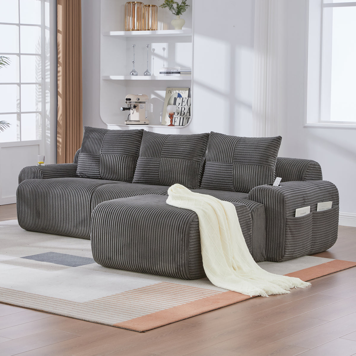 Dark Grey Corduroy 3-Seater Modular Sofa with Ottoman — detail 13