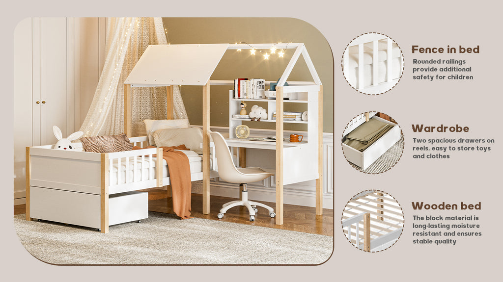 White Wooden House Bed with Desk and Storage – 90 × 190 cm — detail 11