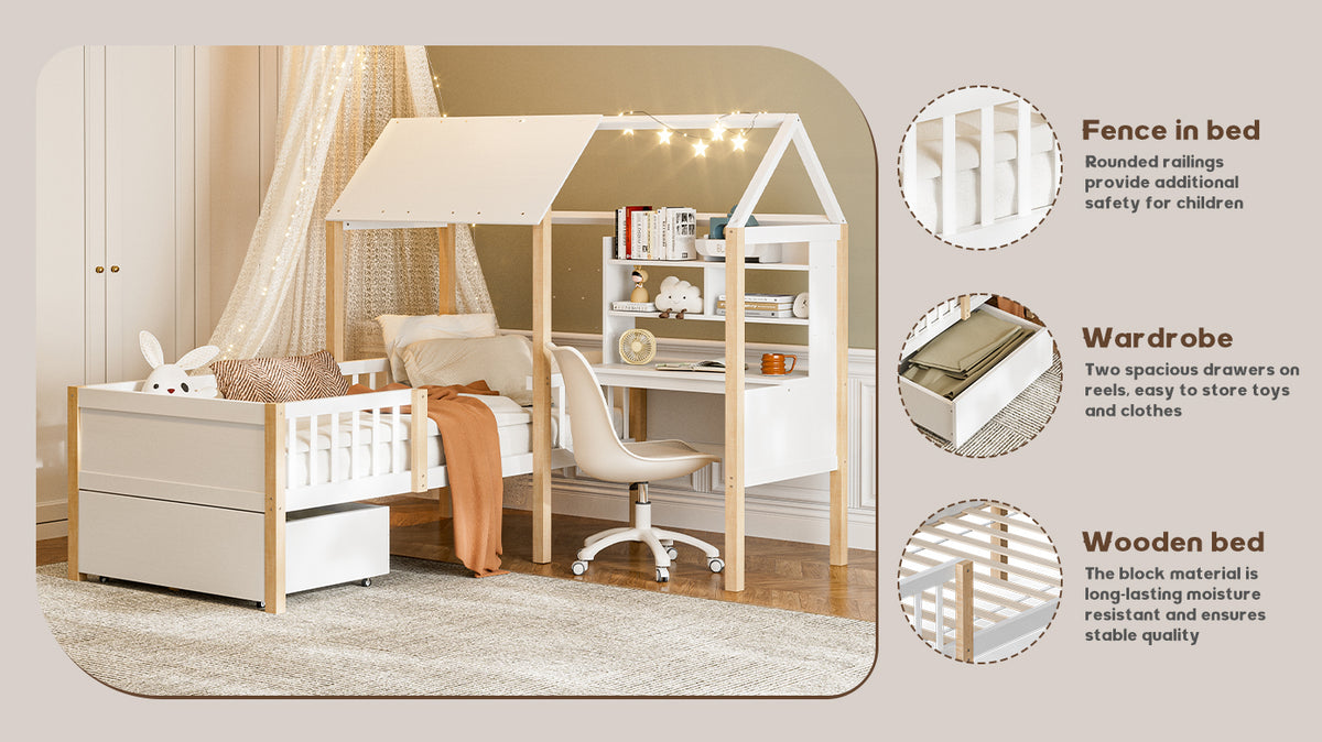 White Wooden House Bed with Desk and Storage – 90 × 190 cm — detail 11