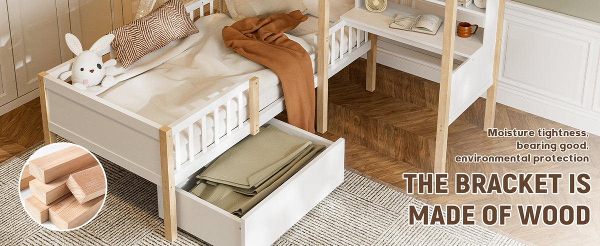 White Wooden House Bed with Desk and Storage – 90 × 190 cm — detail 17