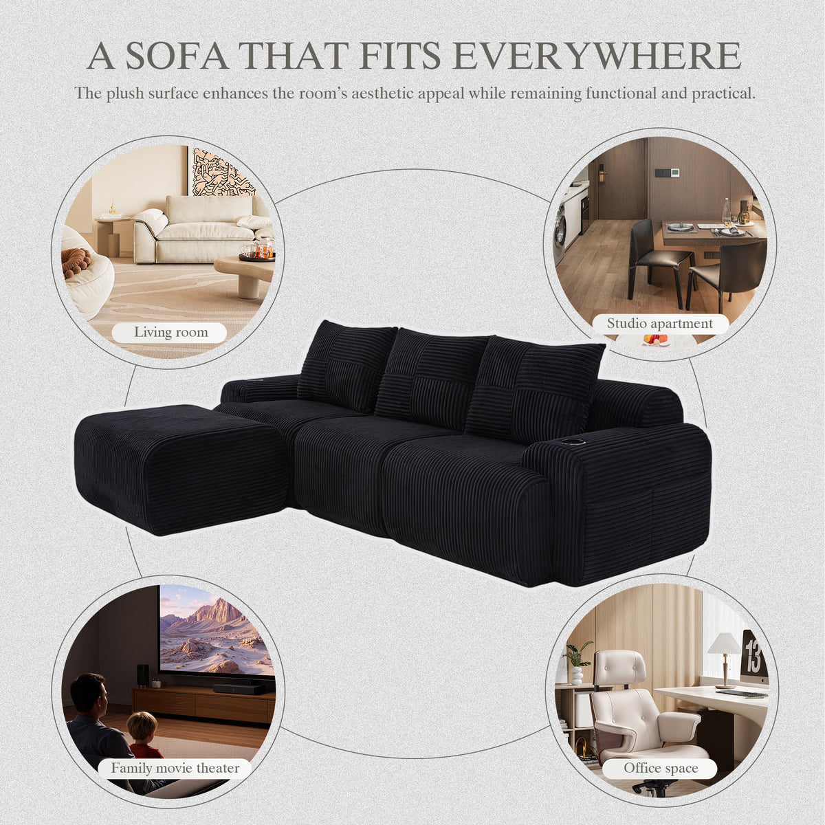 Black Corduroy 3-Seater Modular Sofa with Ottoman — detail 8