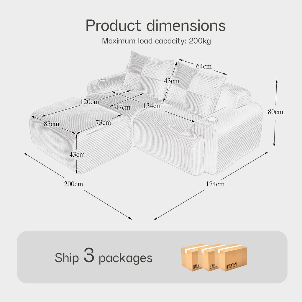 Light Grey Corduroy 2-Seater Modular Sofa with Ottoman — detail 2