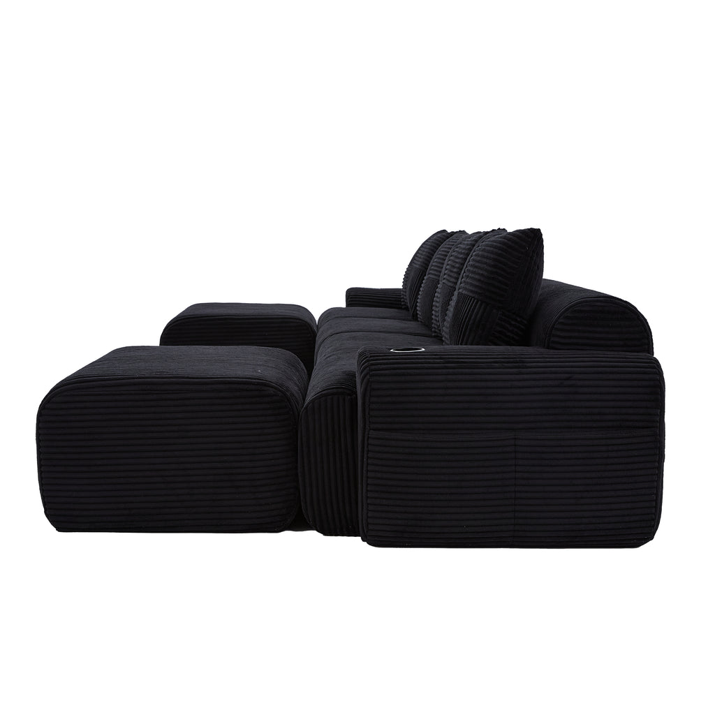 Black Corduroy 4-Seater Modular Sofa with Two Ottomans — detail 22