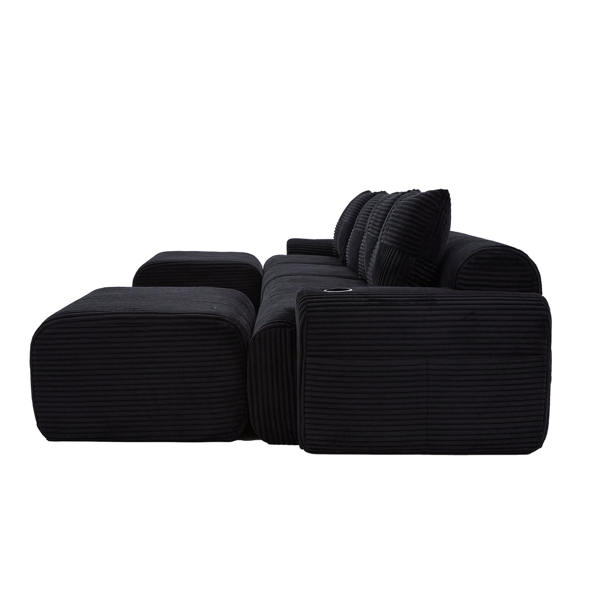 Black Corduroy 4-Seater Modular Sofa with Two Ottomans — detail 22