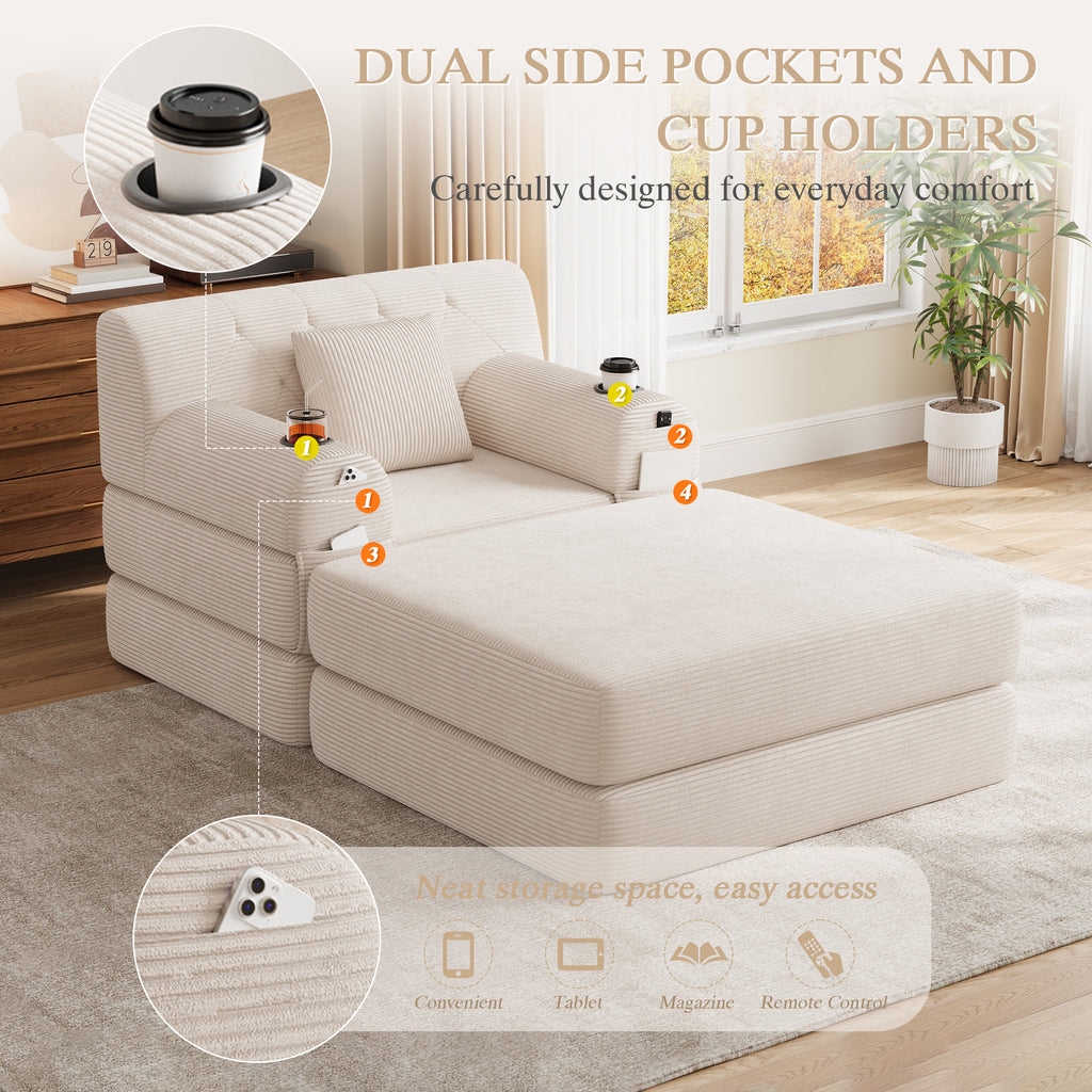 Beige Corduroy Sleeper Chair with Ottoman — detail 8