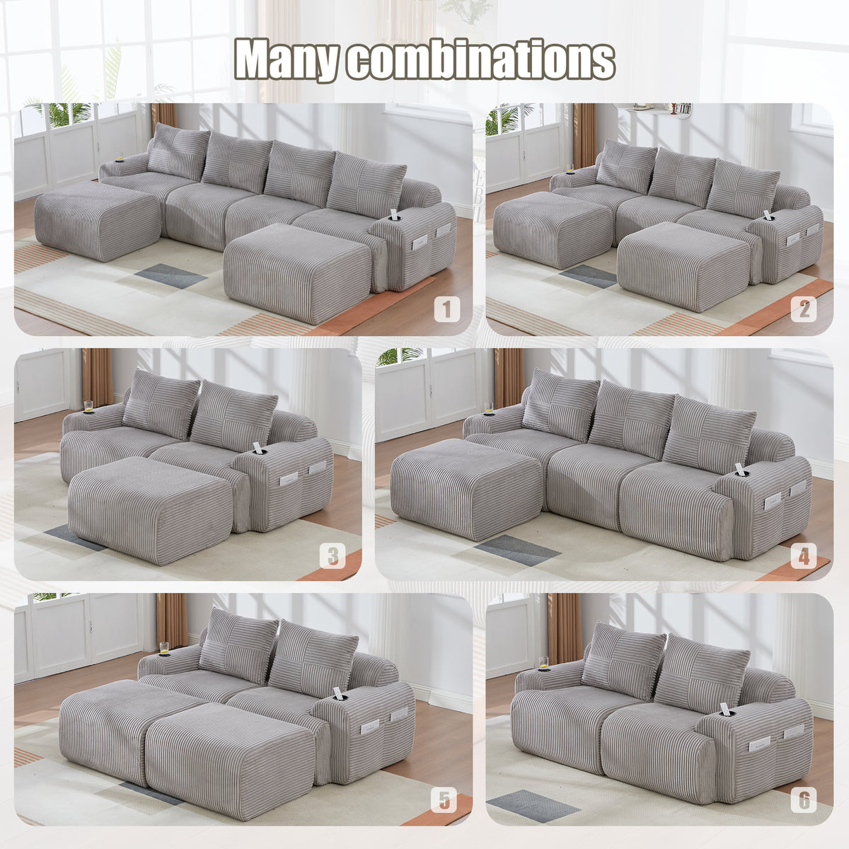 Light Grey Corduroy 2-Seater Modular Sofa — detail 5