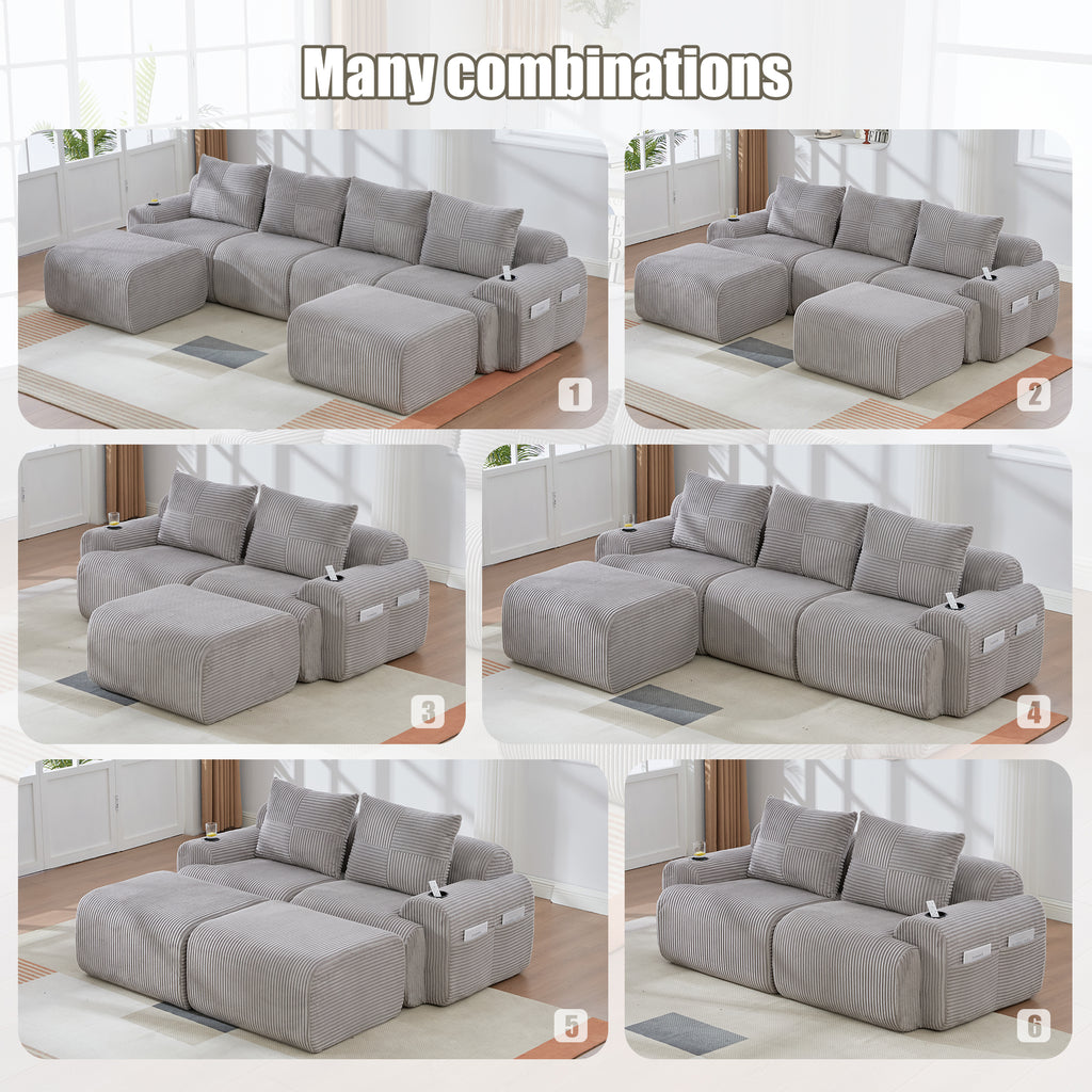 Light Grey Corduroy 2-Seater Modular Sofa with Ottoman — detail 4